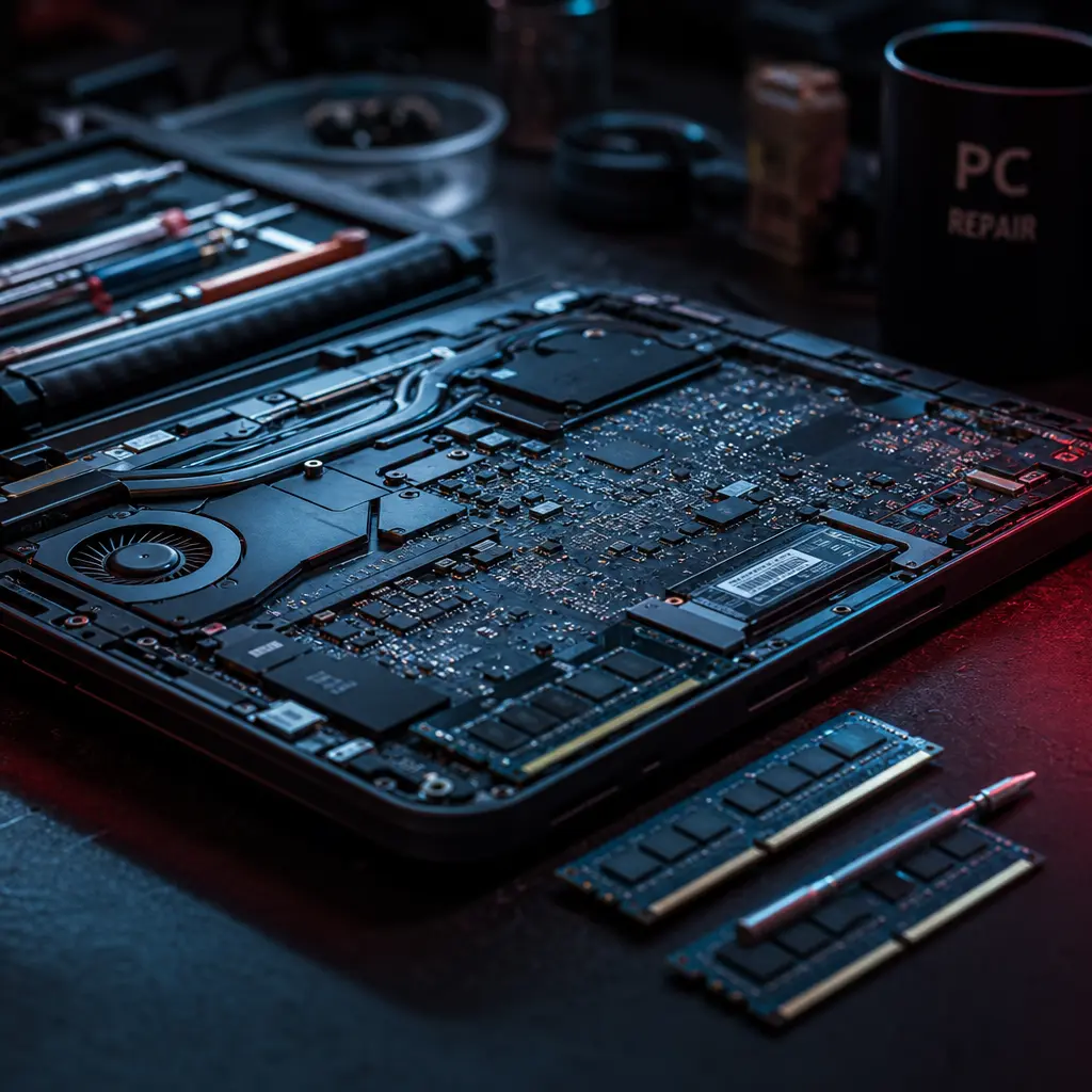 Bancada de assistência técnica com notebook aberto e placas de circuito