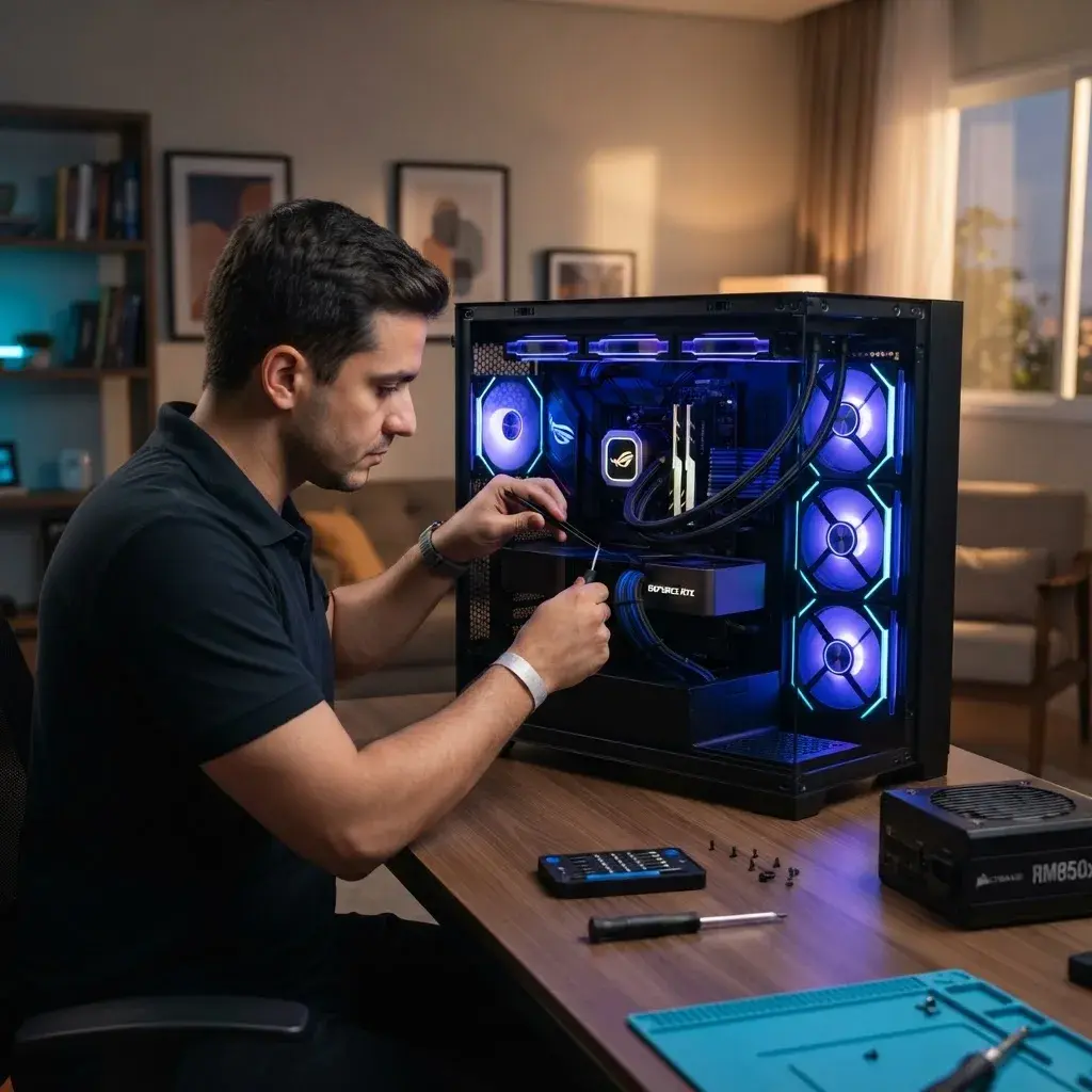 Técnico montando computador Gamer no local do cliente
